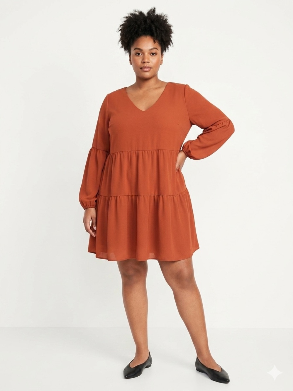 Pinup Fashion NWOT Rust Tiered V-Neck Babydoll Dress Long Sleeve
